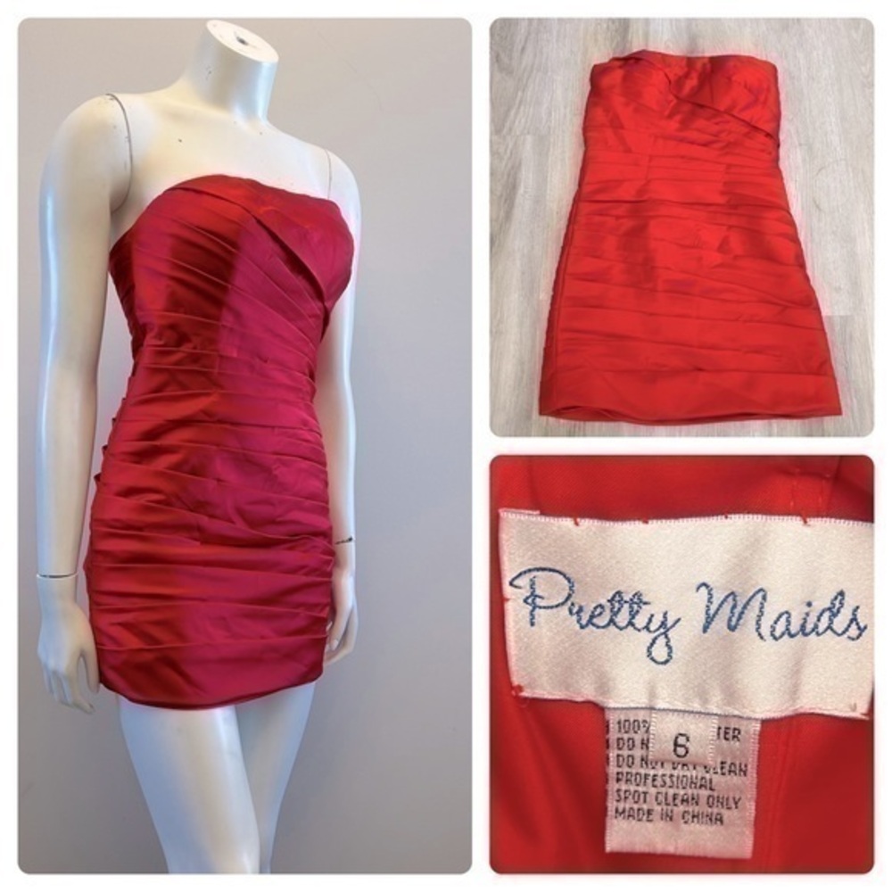 PRETTY MAIDS gorgeous red strapless satin style dress. Worn once. Built in bra.